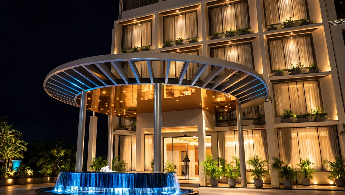 SoulBay Resort entrance illuminated at night