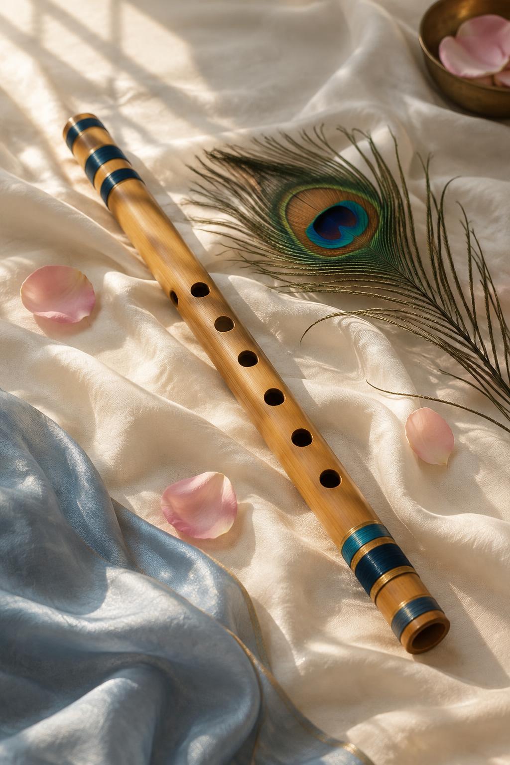 Bamboo flute and peacock feather on ivory silk